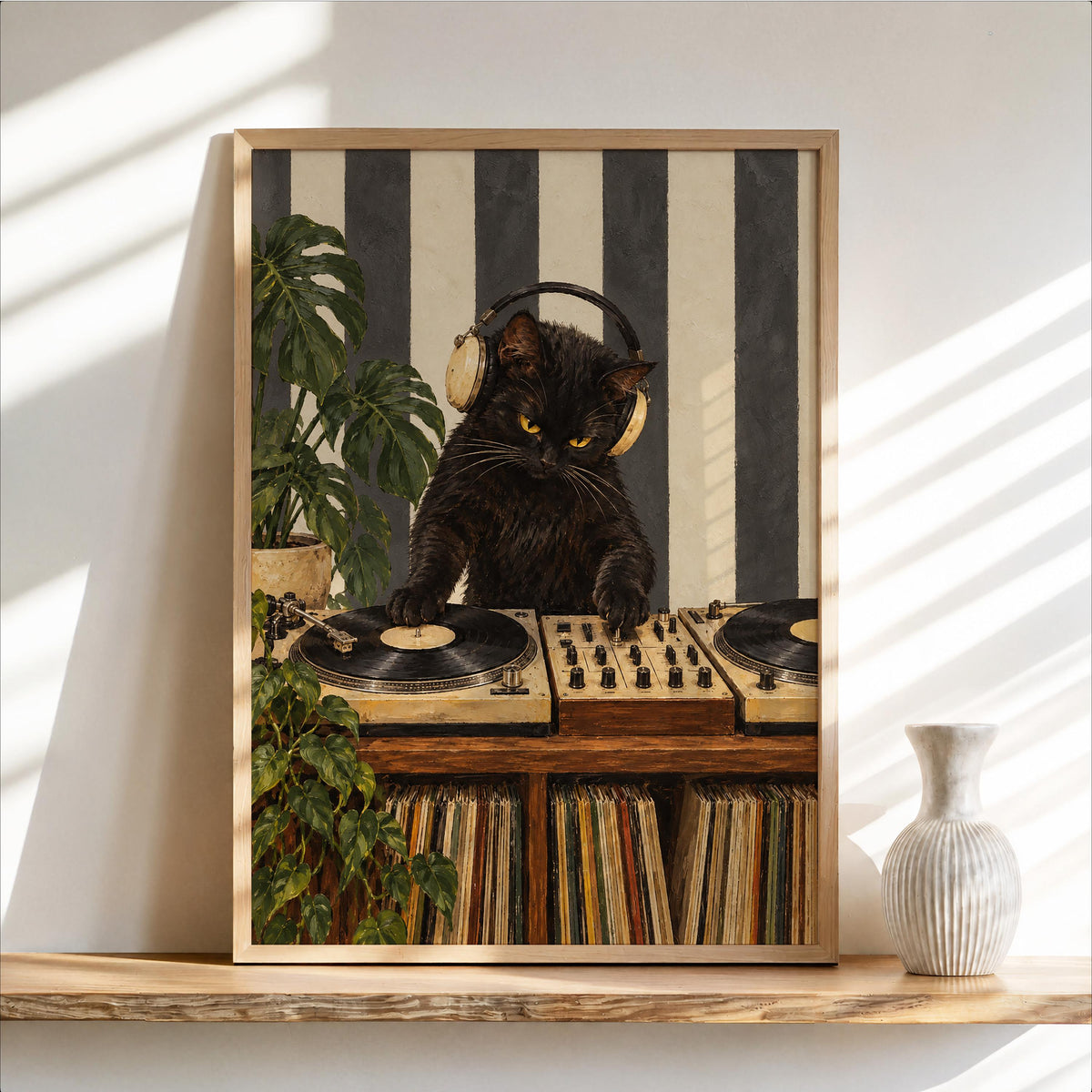 DJ Cat Print, Record Player Turntable Wall Art, Funny Music Room Black Cat Poster, Vinyl Lover Gift, Striped Decor