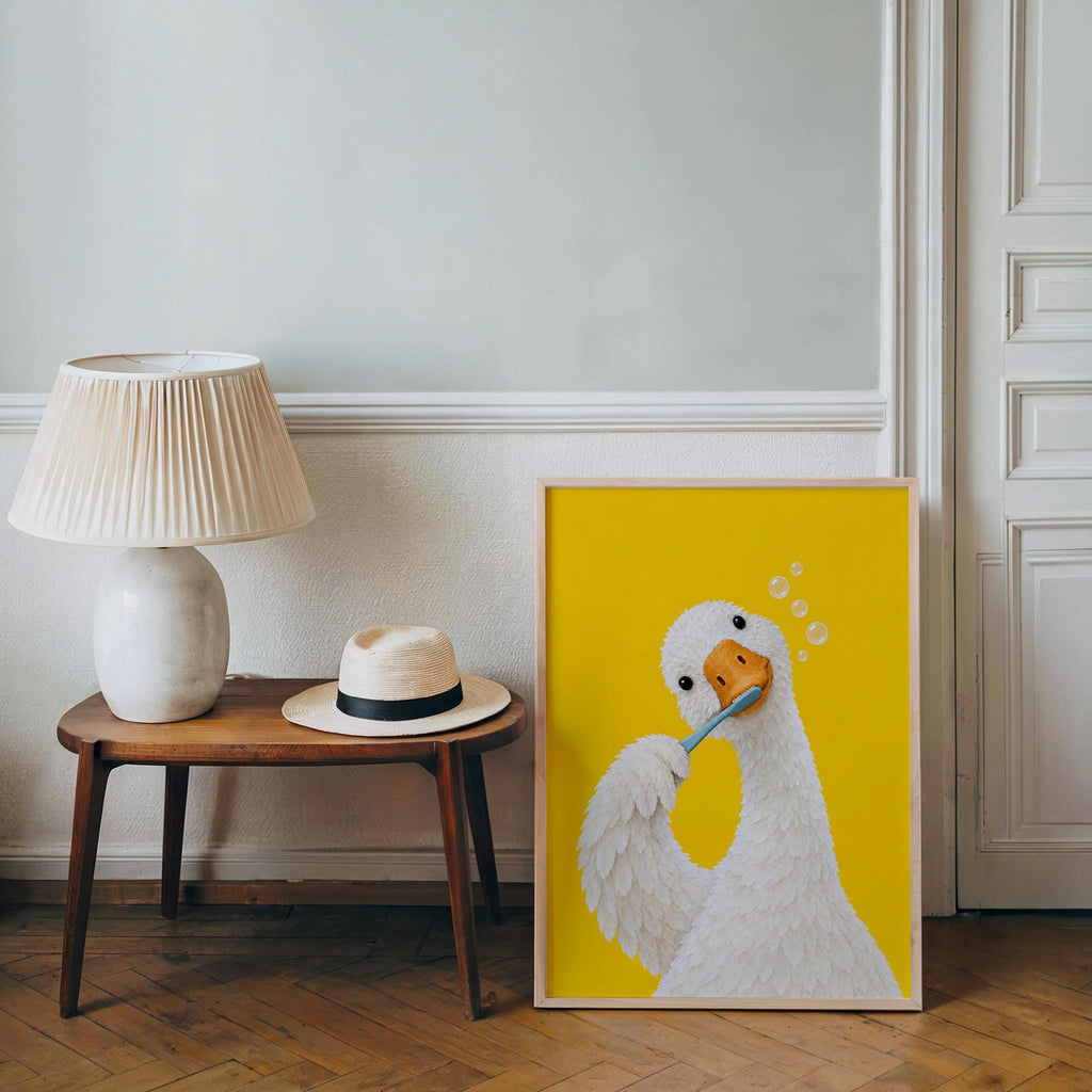 Silly Goose Brushing Teeth Print, Toothbrush Duck Wall Art, Funny Bathroom Poster, Animal Bath Decor, Fun Kids Decor, Nursery Illustration