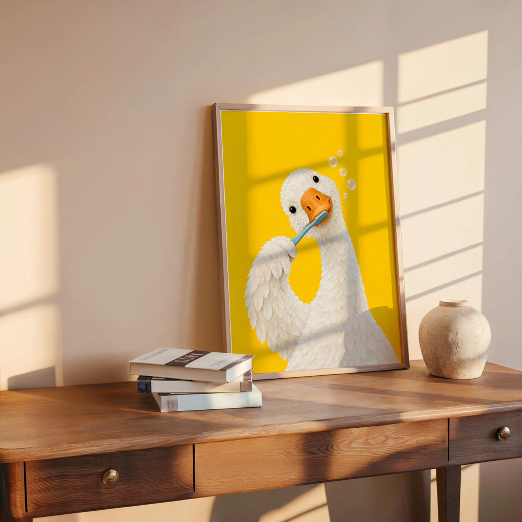 Silly Goose Brushing Teeth Print, Toothbrush Duck Wall Art, Funny Bathroom Poster, Animal Bath Decor, Fun Kids Decor, Nursery Illustration