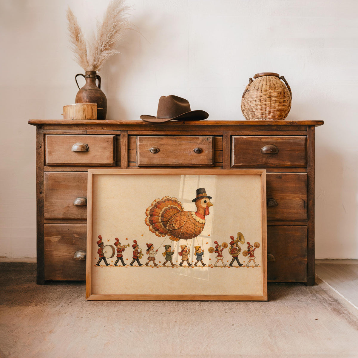 Thanksgiving Turkey Kids Parade Wall Art, Whimsical NYC Marching Band Autumn Poster, Vintage Fall Holiday Print