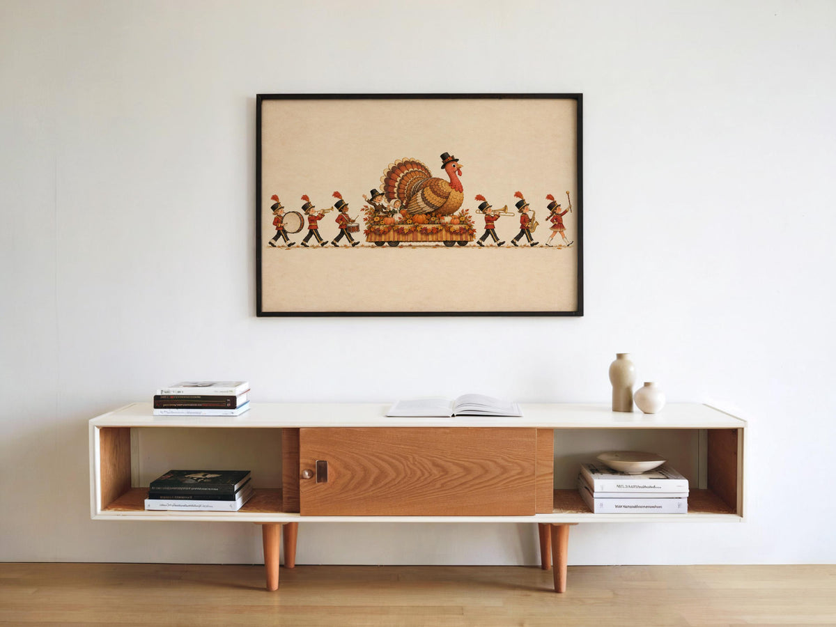 Vintage Thanksgiving Turkey Kids Parade Wall Art, Autumn New York City Float Marching Band Poster, Whimsical Holiday Print