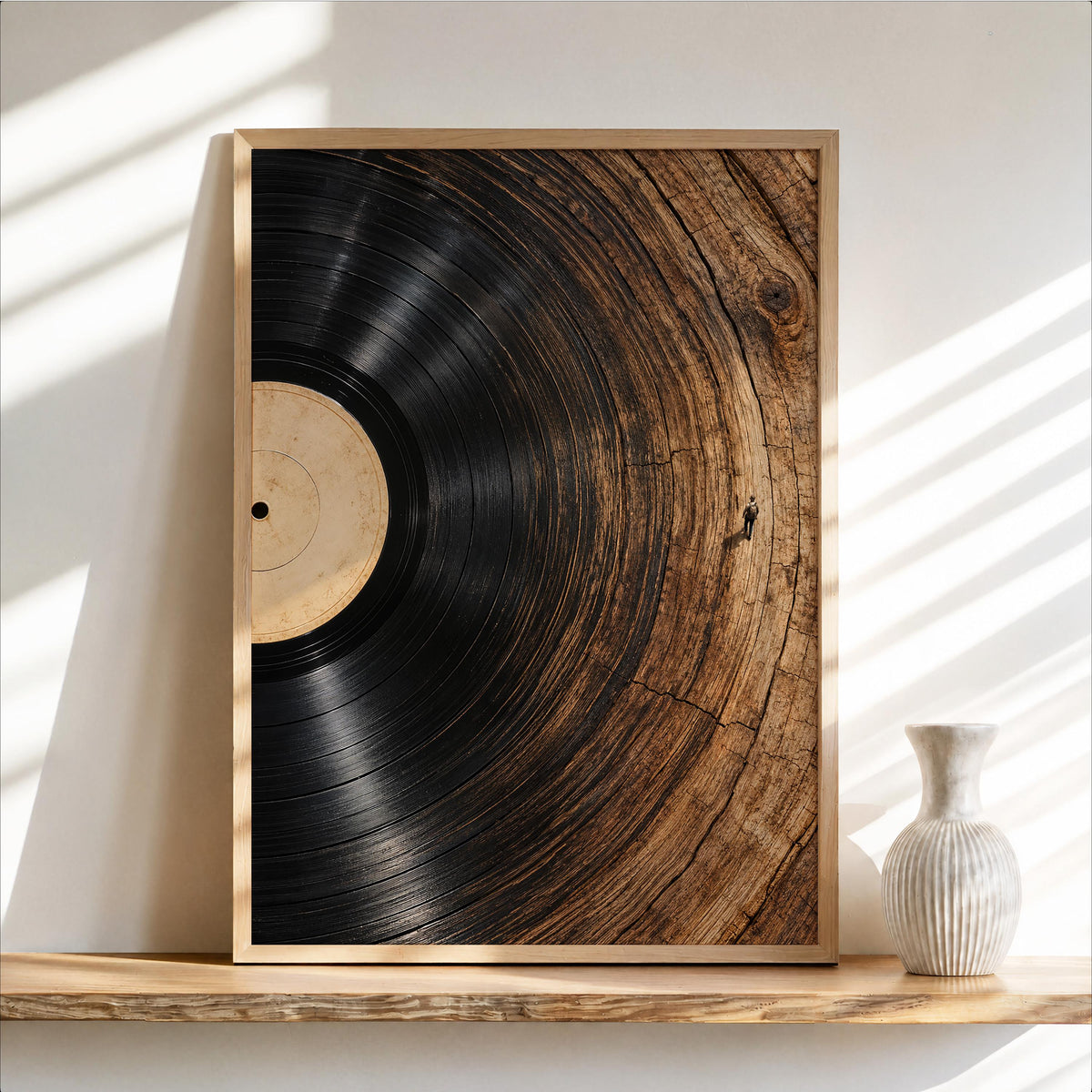 Vinyl Record Tree Ring Wall Art, Wood Grain Music Poster, Surreal Nature Lover Print, Conceptual Rustic Woodland Decor