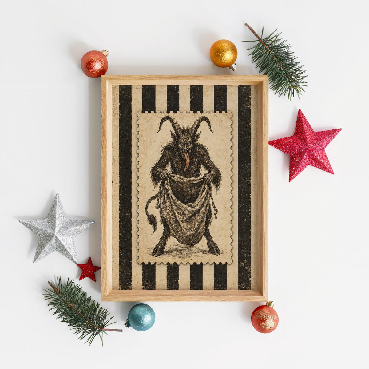 Vintage Krampus Poster, Gothic Folklore Wall Art, Striped Retro Holiday Decor, Dark Christmas Illustration, Krampusnacht Xmas Print