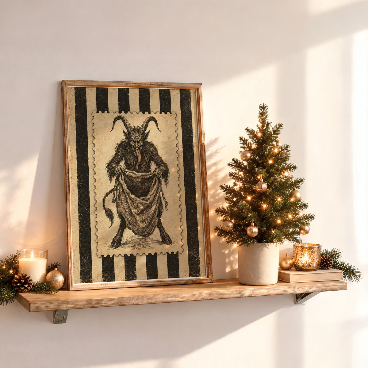 Vintage Krampus Poster, Gothic Folklore Wall Art, Striped Retro Holiday Decor, Dark Christmas Illustration, Krampusnacht Xmas Print