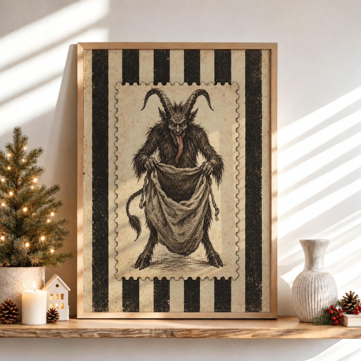 Vintage Krampus Poster, Gothic Folklore Wall Art, Striped Retro Holiday Decor, Dark Christmas Illustration, Krampusnacht Xmas Print
