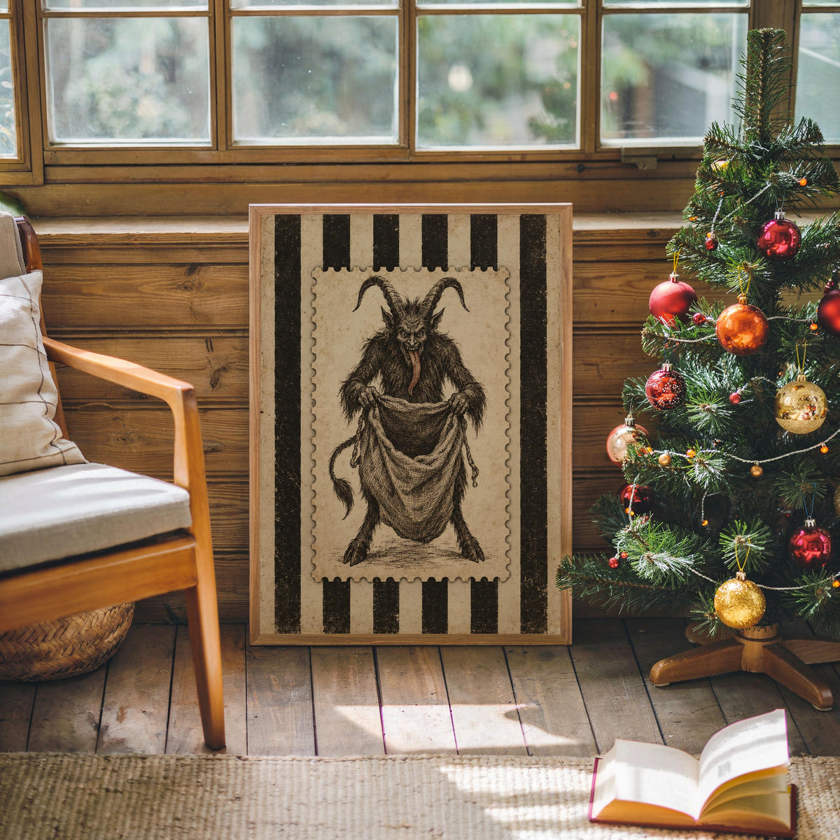 Vintage Krampus Poster, Gothic Folklore Wall Art, Striped Retro Holiday Decor, Dark Christmas Illustration, Krampusnacht Xmas Print