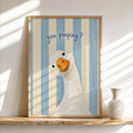 Framed blue striped funny goose bathroom print, curious white goose peeking with 'You pooping?' text