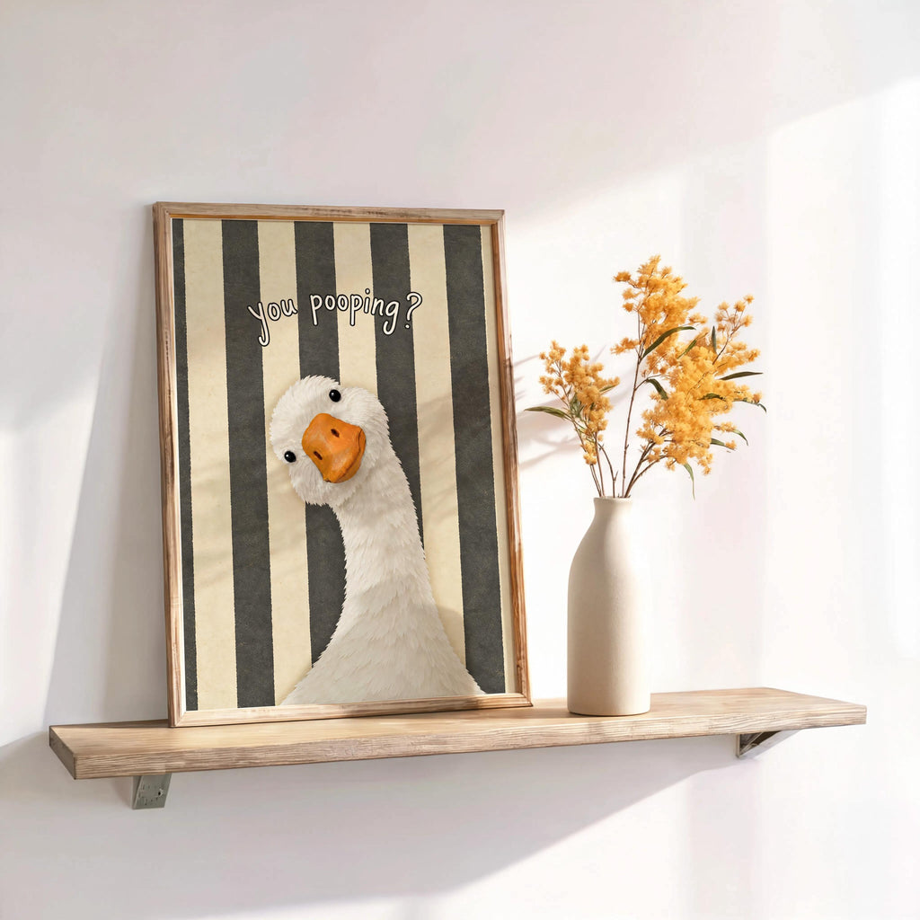 Framed black striped funny goose bathroom print on shelf, bold striped goose print, great quirky restroom poster