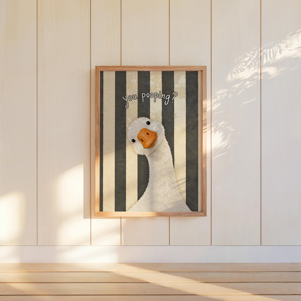 Dark gray striped framed funny goose bathroom print on wall, textured look, ideal funny bathroom printable or gift