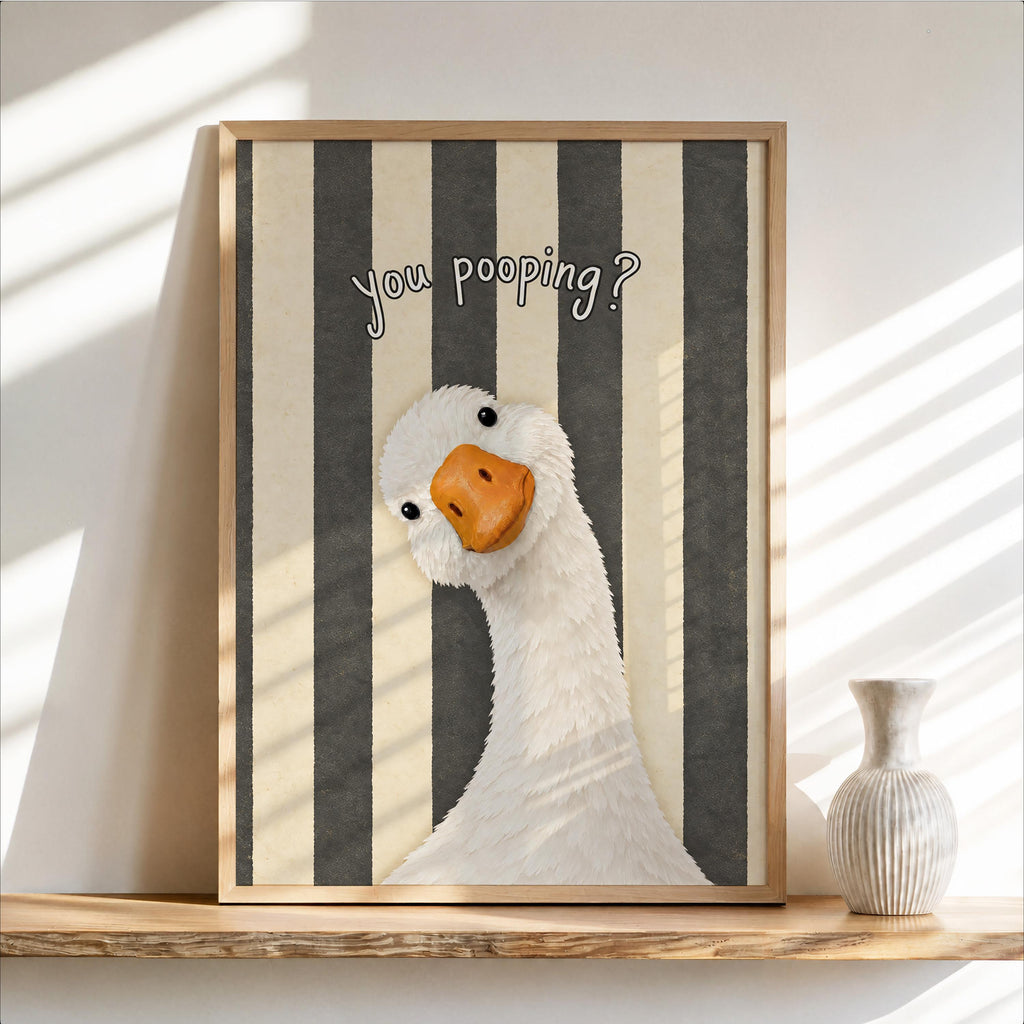 Monochrome black and gray striped funny goose bathroom print, distressed look, quirky goose toilet humor print