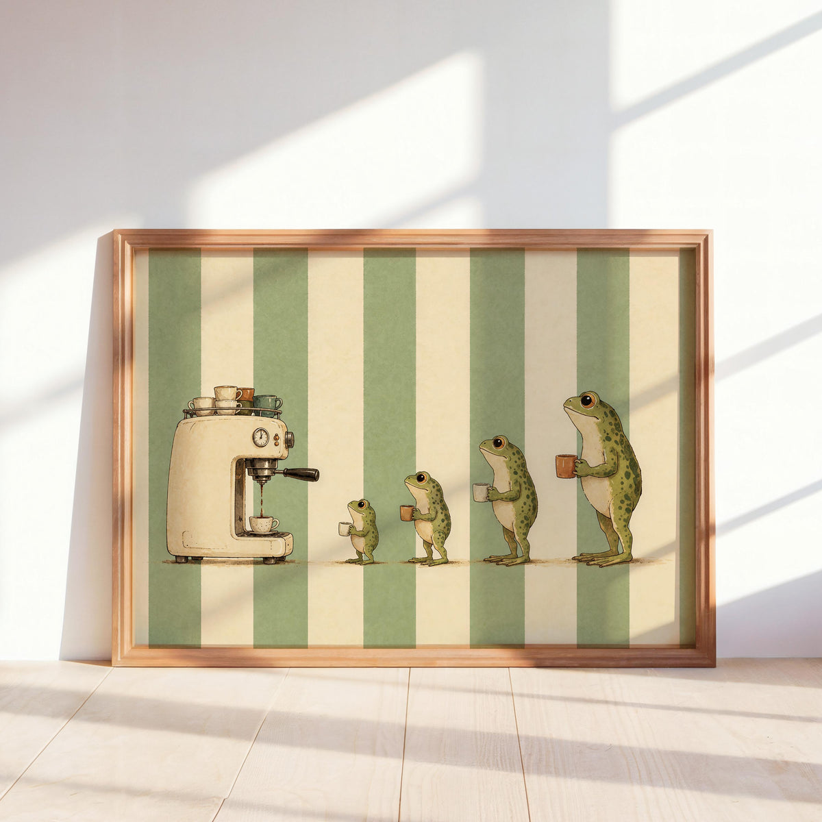 Frog Coffee Poster, Vintage Animal Wall Art, Retro Espresso Machine Illustration, Green Kitchen Decor, Whimsical Coffee Nook Bar Print