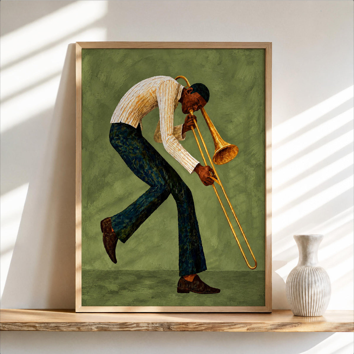 Trombone Player Wall Art, African American Jazz Musician Painting, Afrocentric Artistic Music Print Decor, Abstract Textured Band Gift