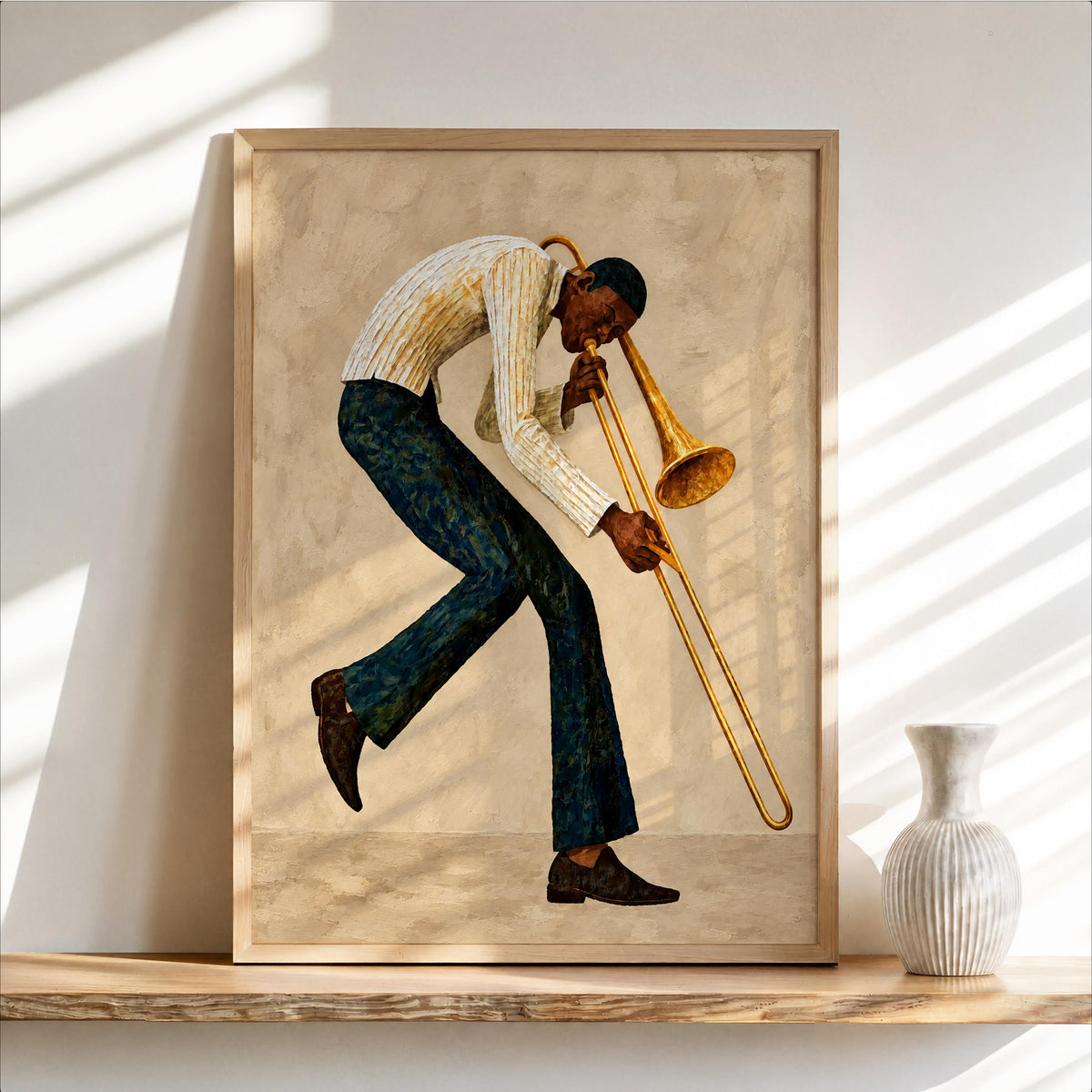 Trombone Player Wall Art, African American Jazz Musician Painting, Afrocentric Artistic Music Print Decor, Abstract Textured Band Gift
