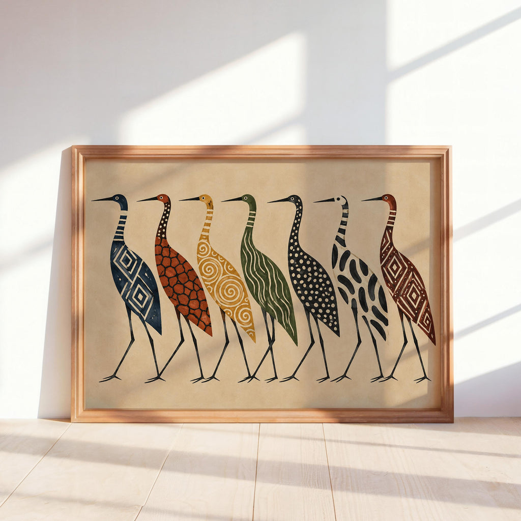 Abstract Crane Wall Art, Patterned Egret Poster, Mid Century Folk Print, Earth Tone Decor, Modern Boho Statement Art, Bird Lover Gift