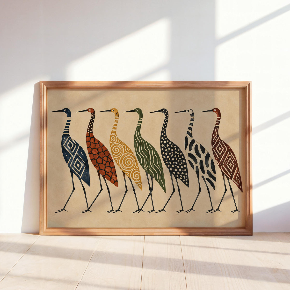 Abstract Crane Wall Art, Patterned Egret Poster, Mid Century Folk Print, Earth Tone Decor, Modern Boho Statement Art, Bird Lover Gift