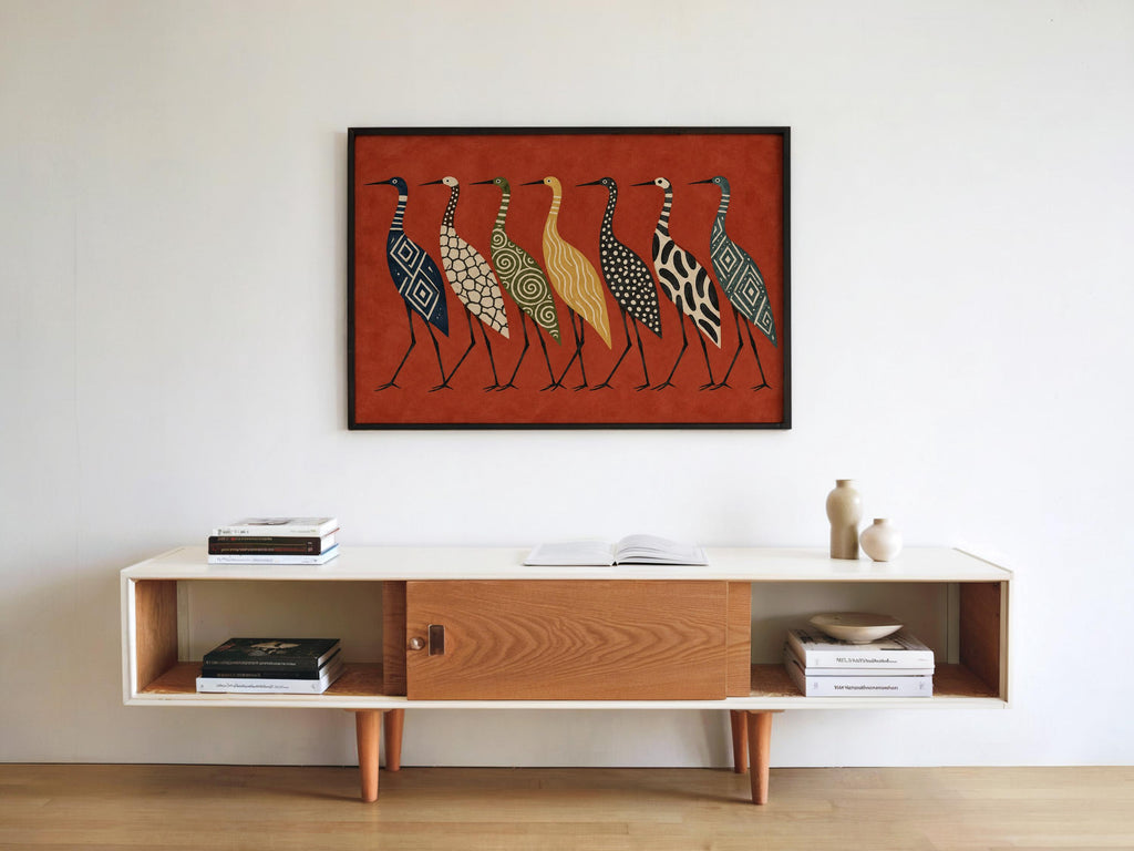 Abstract Crane Wall Art, Patterned Egret Poster, Mid Century Folk Print, Earth Tone Decor, Modern Boho Statement Art, Bird Lover Gift