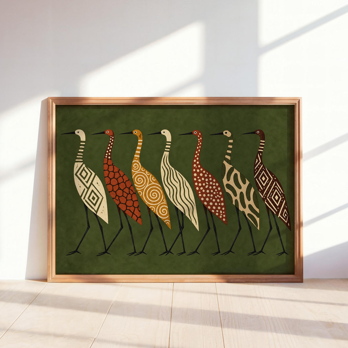 Abstract Crane Wall Art, Patterned Egret Poster, Mid Century Folk Print, Earth Tone Decor, Modern Boho Statement Art, Bird Lover Gift