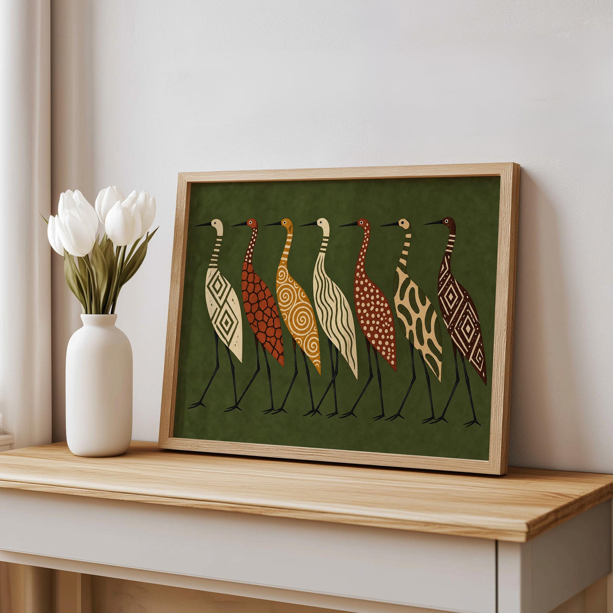 Abstract Crane Wall Art, Patterned Egret Poster, Mid Century Folk Print, Earth Tone Decor, Modern Boho Statement Art, Bird Lover Gift