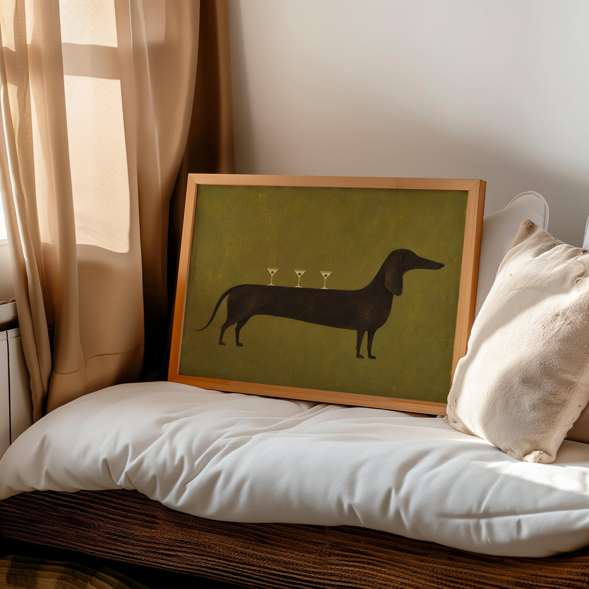 Dog Martini Wall Art, Cocktail Dachshund Poster, Olive Green Bar Print, Funny Wiener Sausage Dog Decor, Pet Lover Gift, Mid Century Artwork