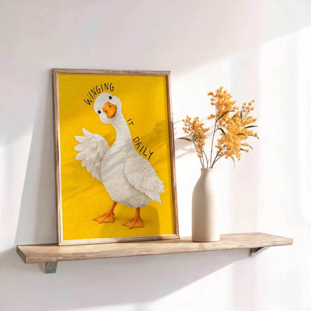 Winging It Daily Goose Wall Art, Funny Motivational Quote Duck Print, Silly Yellow Animal Poster, Quirky Office Decor