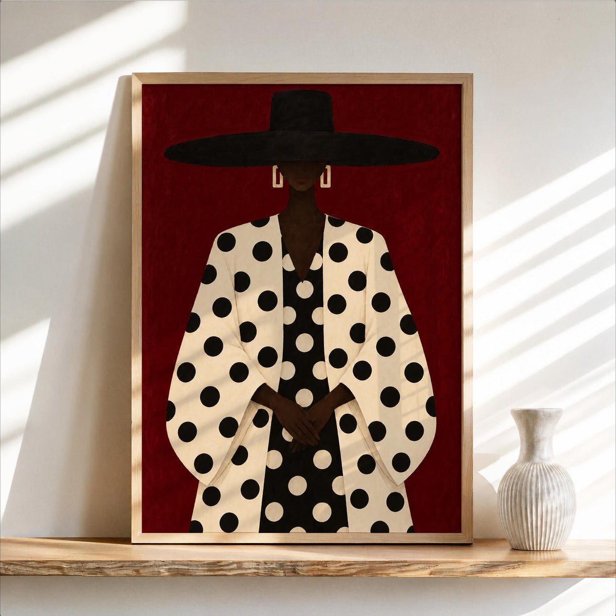 Black Woman Polka Dot Wall Art, Abstract Fashion Hat Portrait, Faceless Bold Pattern Print for Modern Interiors, Chic Afrocentric Decor