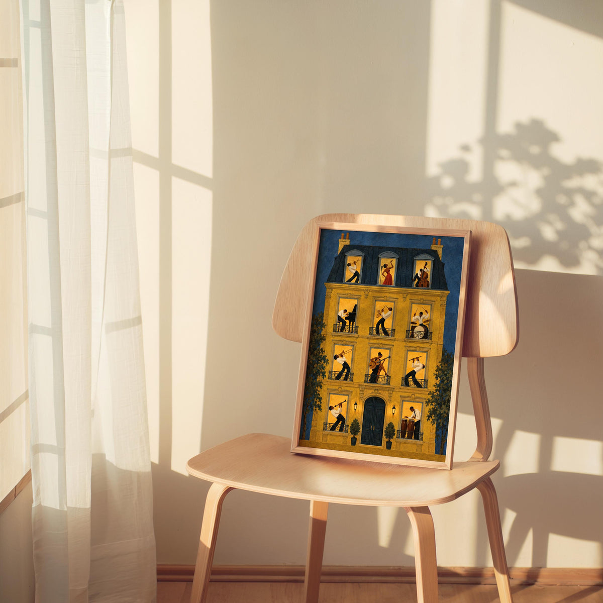 Small framed jazz music wall art print perched on vintage chair, saxophone wall art vibes, warm amber rooms