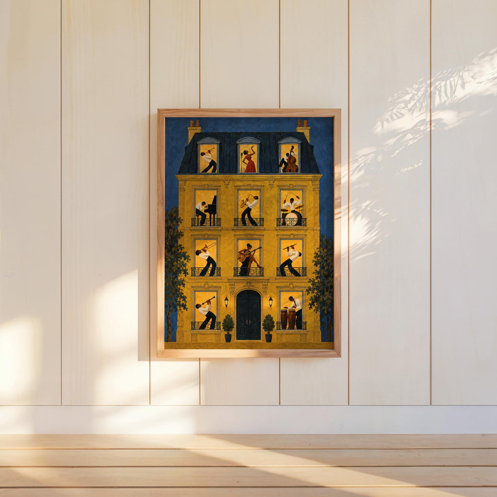 Framed jazz music wall art print hung on pale paneling, warm amber windows contrast deep navy exterior