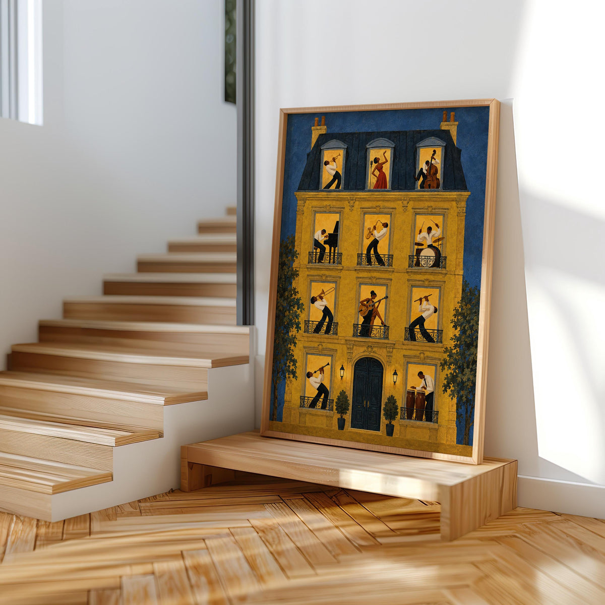 Print leaning on stair landing, jazz music wall art print with storybook French apartment wall art aesthetic