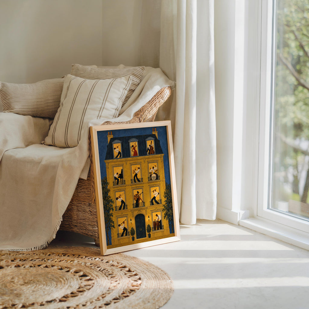 Casual floor display of jazz music wall art print next to textured rug and cozy chair, Black musician wall art tone