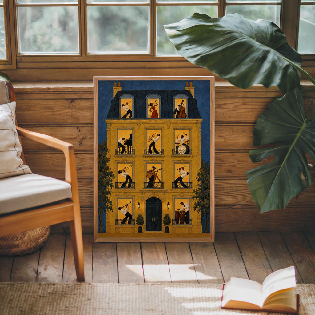 Jazz music wall art print centered under window on wood bench, plants nearby, saxophone wall art suggestion