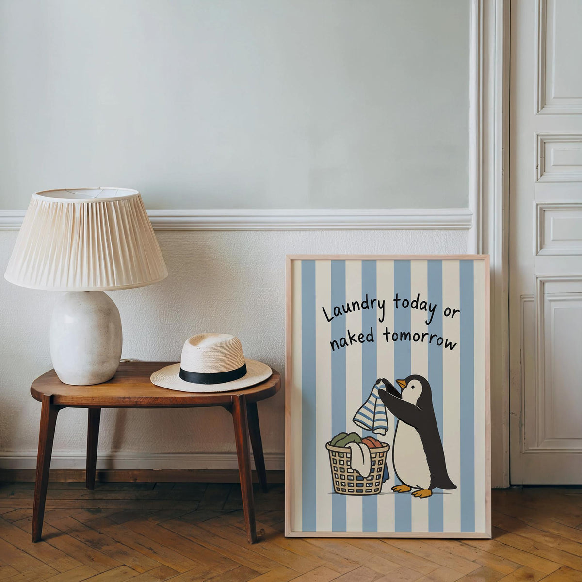 Funny Penguin Laundry Poster, Blue Striped Utility Room Decor, Playful Home Chore Wall Art, Laundry Today or Naked Tomorrow