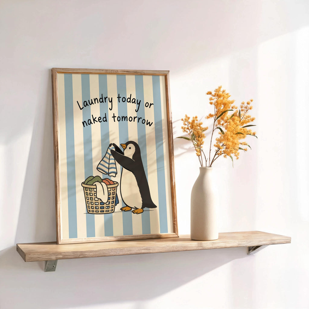 Funny Penguin Laundry Poster, Blue Striped Utility Room Decor, Playful Home Chore Wall Art, Laundry Today or Naked Tomorrow