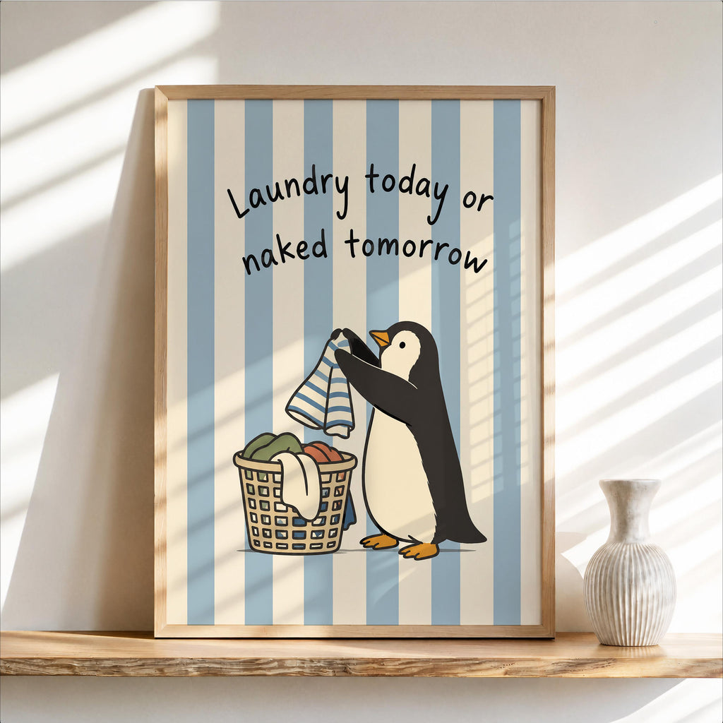 Funny Penguin Laundry Poster, Blue Striped Utility Room Decor, Playful Home Chore Wall Art, Laundry Today or Naked Tomorrow