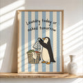 Funny Penguin Laundry Poster, Blue Striped Utility Room Decor, Playful Home Chore Wall Art, Laundry Today or Naked Tomorrow