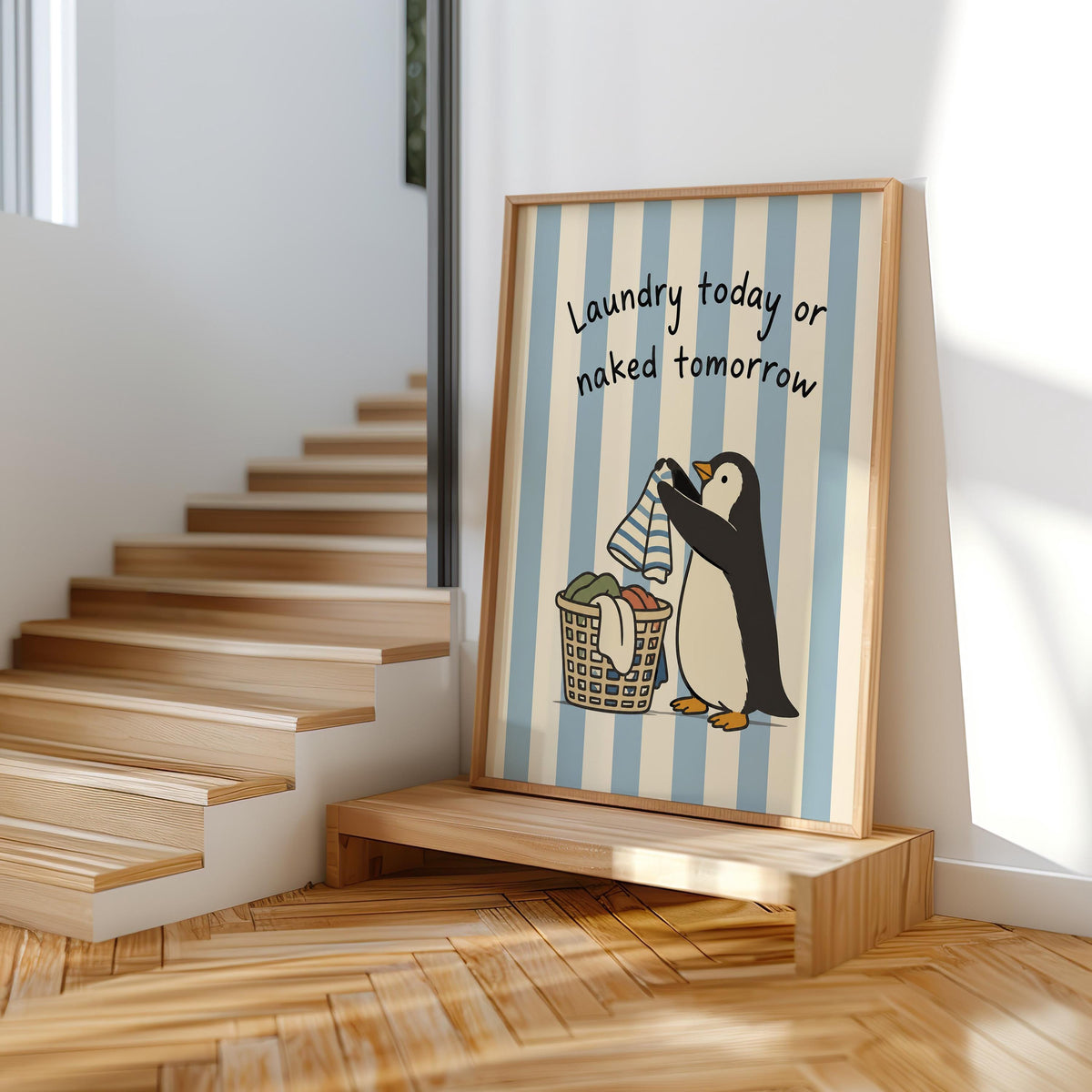 Funny Penguin Laundry Poster, Blue Striped Utility Room Decor, Playful Home Chore Wall Art, Laundry Today or Naked Tomorrow