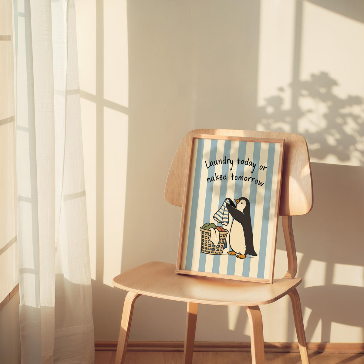 Funny Penguin Laundry Poster, Blue Striped Utility Room Decor, Playful Home Chore Wall Art, Laundry Today or Naked Tomorrow