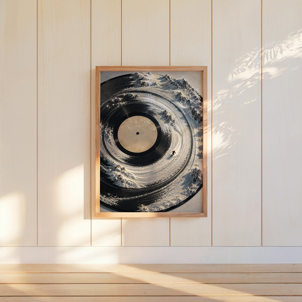Surreal Vinyl Record Ski Wall Art, Snowy Mountain Skier Poster, Music Lover Winter Print, Alpine DJ Turntable Decor