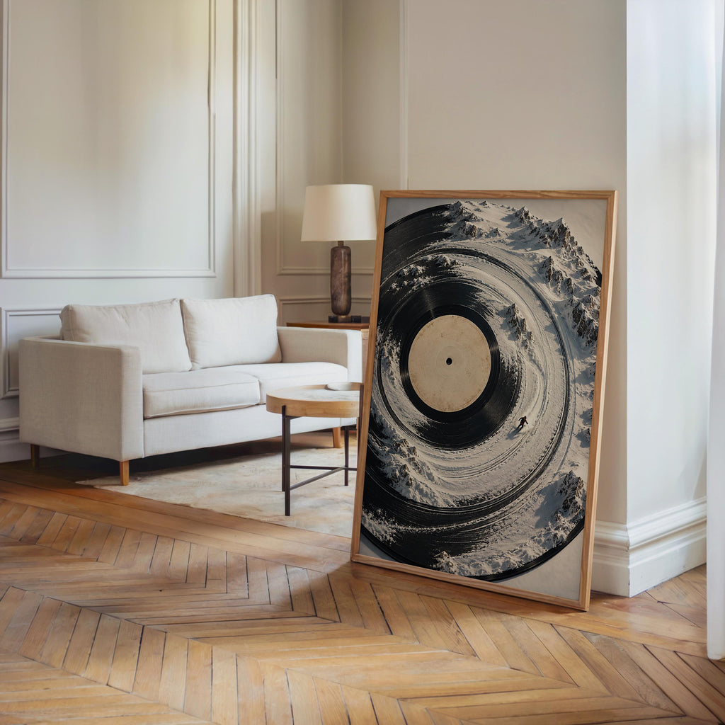 Surreal Vinyl Record Ski Wall Art, Snowy Mountain Skier Poster, Music Lover Winter Print, Alpine DJ Turntable Decor