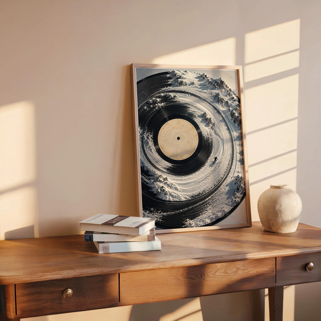 Surreal Vinyl Record Ski Wall Art, Snowy Mountain Skier Poster, Music Lover Winter Print, Alpine DJ Turntable Decor
