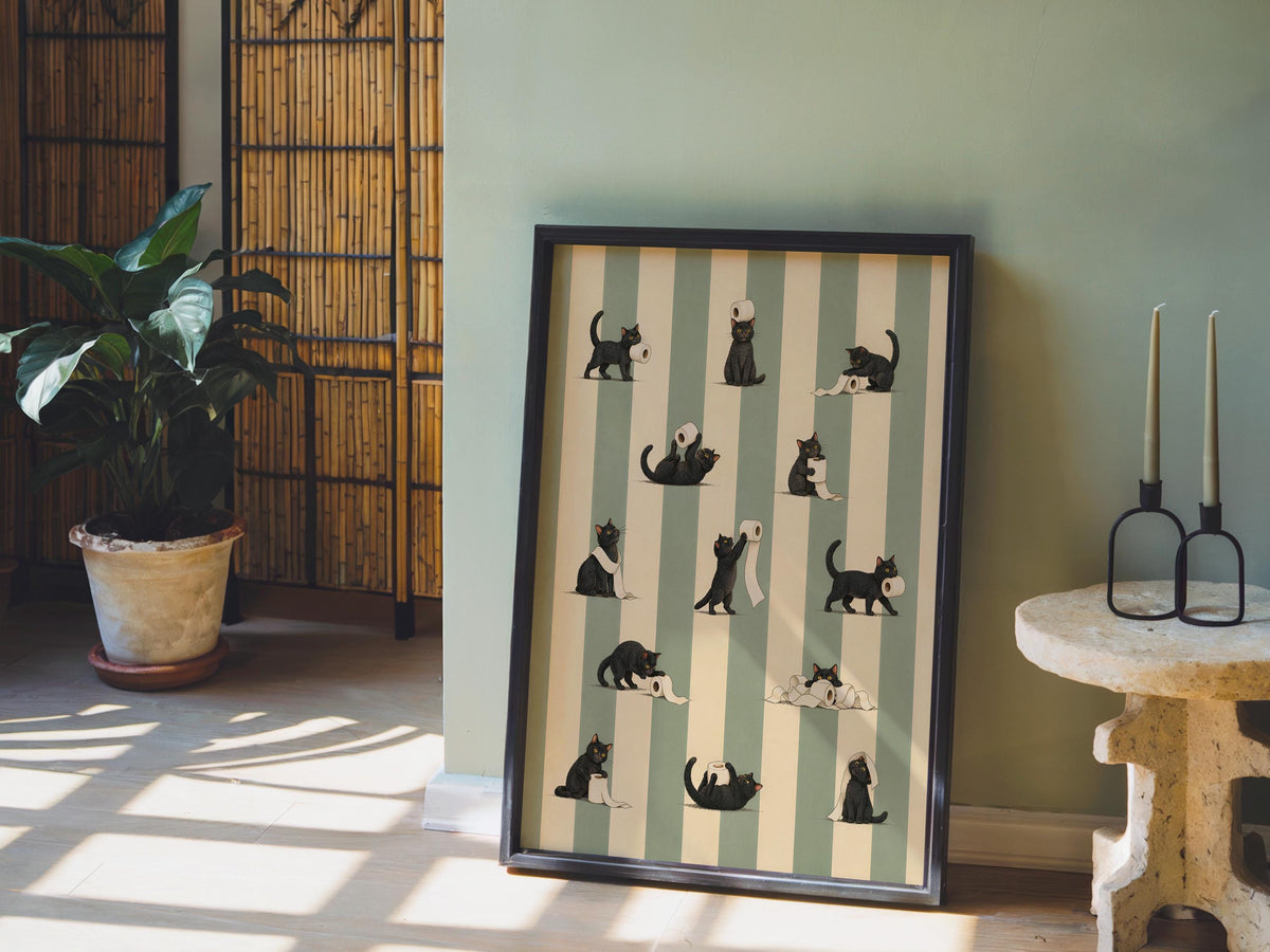 Cat Bathroom Print, Funny Toilet Paper Cats, Vintage Striped Animal Wall Art, Quirky Restroom Decor