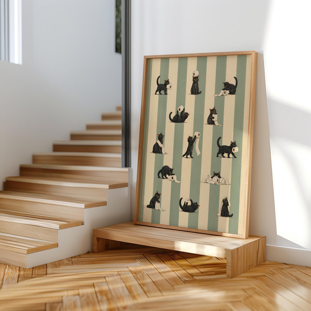 Cat Bathroom Print, Funny Toilet Paper Cats, Vintage Striped Animal Wall Art, Quirky Restroom Decor