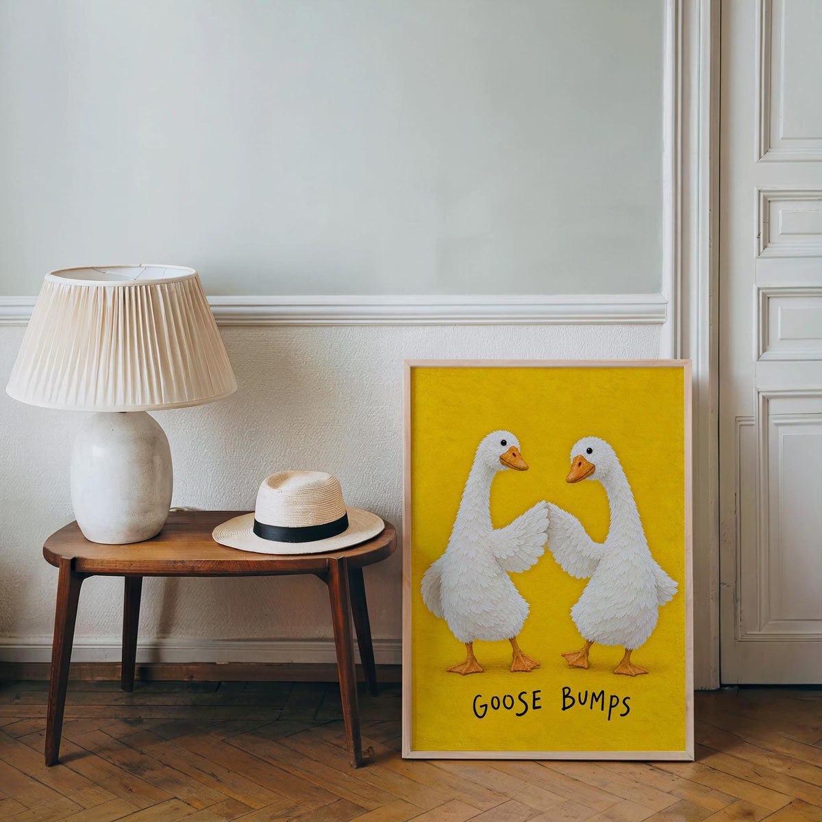 Goose Bumps Wall Art, Funny Fist Bump Geese Poster, Silly Animal Pun Print, Yellow Quirky Home Decor, Playful Gift for Bird Lovers