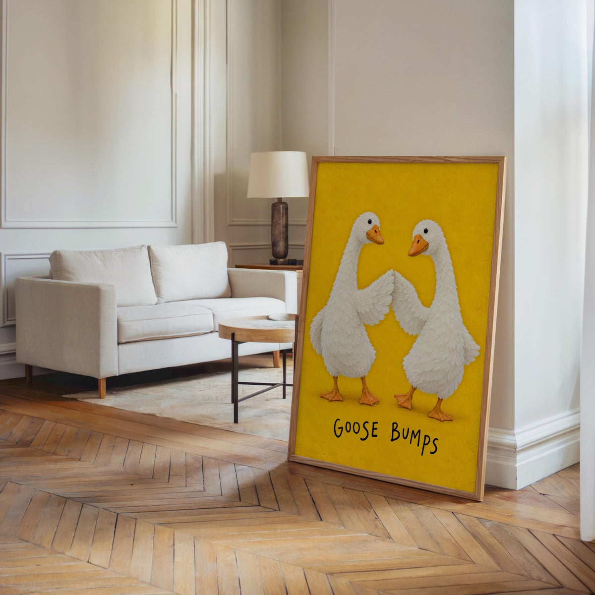 Goose Bumps Wall Art, Funny Fist Bump Geese Poster, Silly Animal Pun Print, Yellow Quirky Home Decor, Playful Gift for Bird Lovers