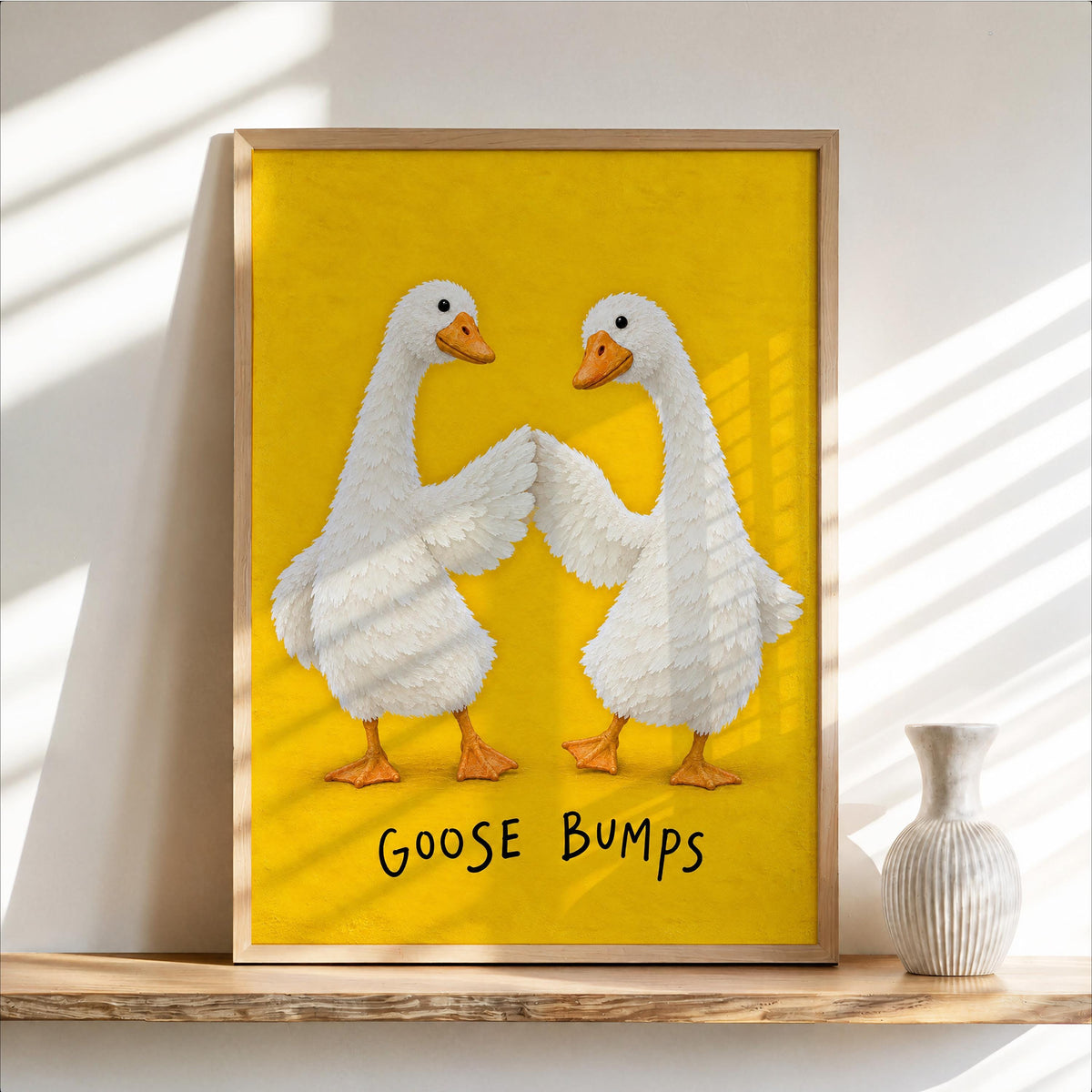 Goose Bumps Wall Art, Funny Fist Bump Geese Poster, Silly Animal Pun Print, Yellow Quirky Home Decor, Playful Gift for Bird Lovers