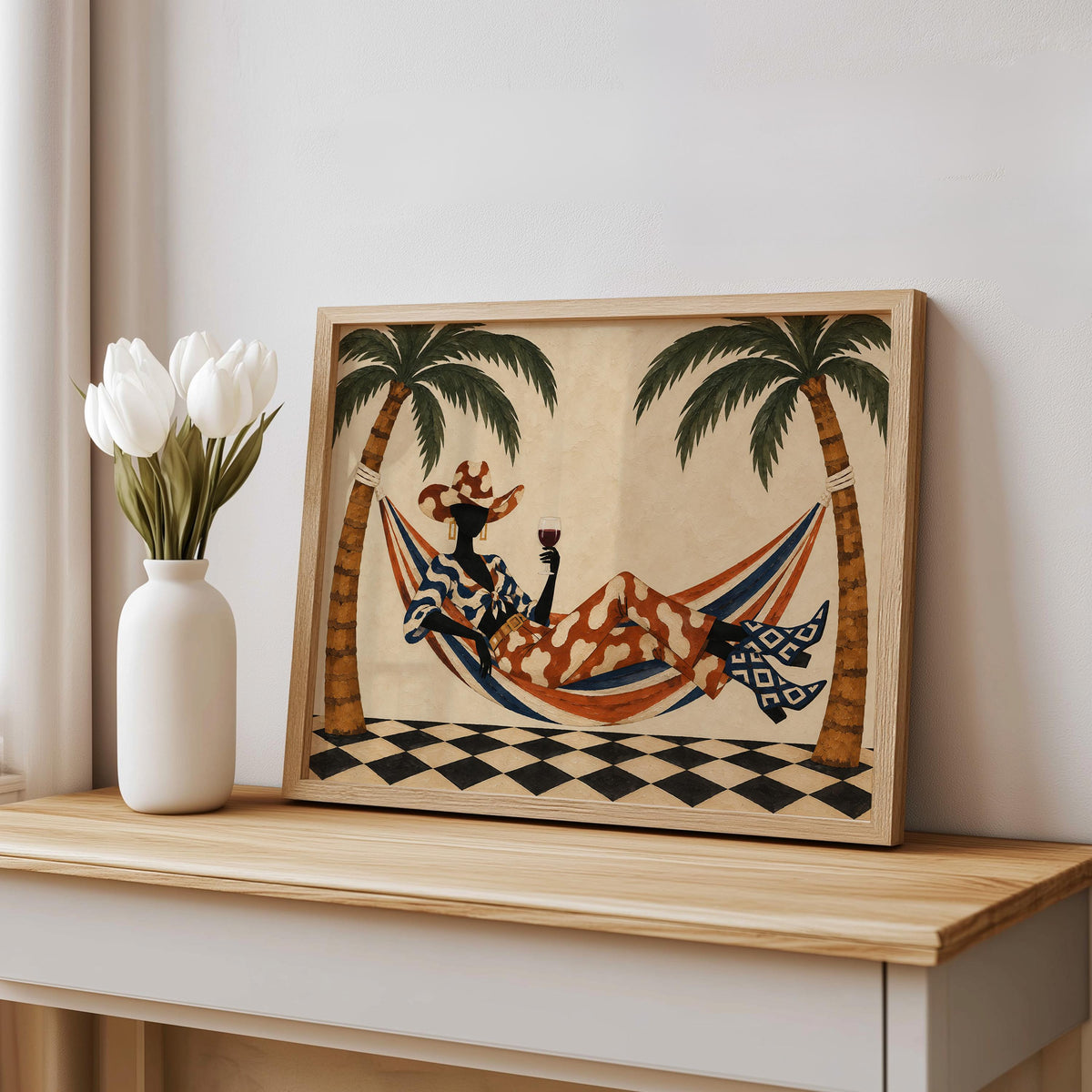 Tropical Cowgirl Poster, Woman in Hammock with Wine, Palm Tree Western Wall Art, Retro Summer Print, Eclectic Lounge Decor, Vacation Vibes