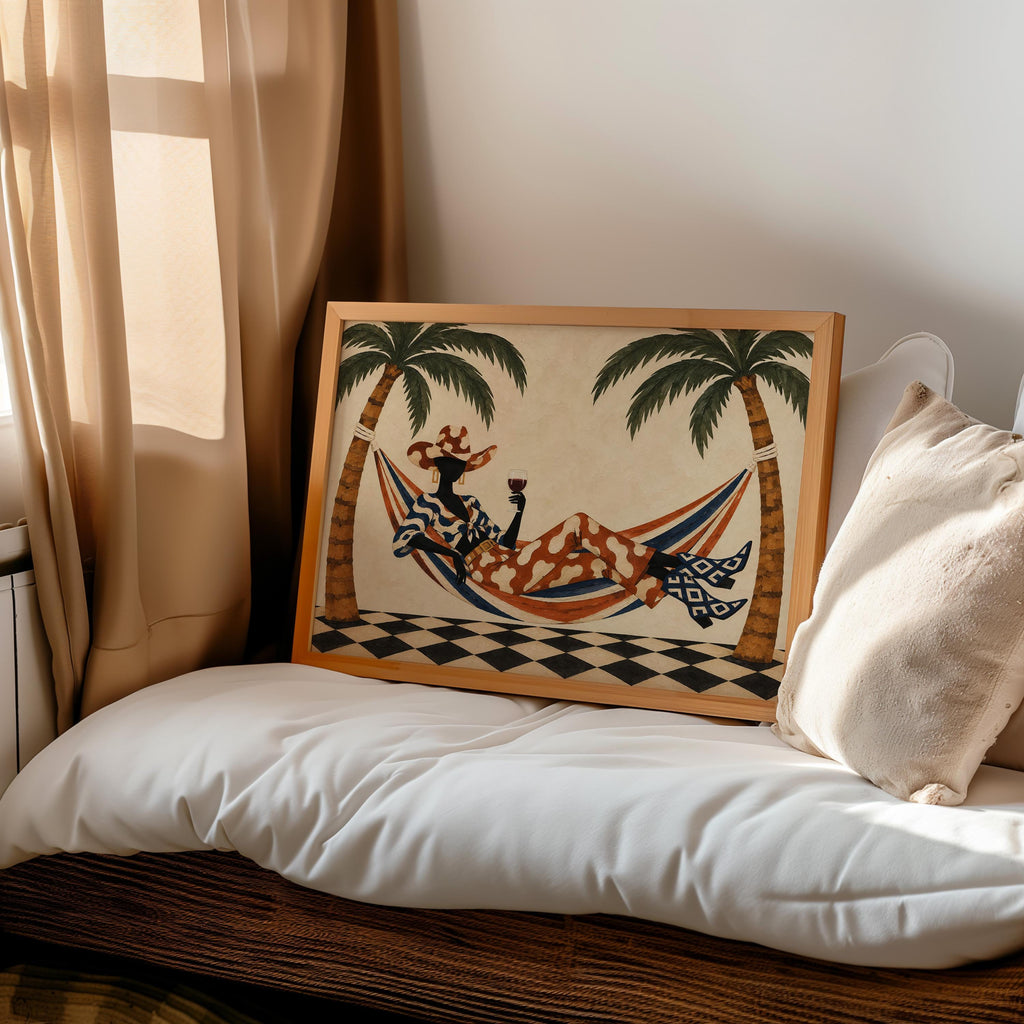 Tropical Cowgirl Poster, Woman in Hammock with Wine, Palm Tree Western Wall Art, Retro Summer Print, Eclectic Lounge Decor, Vacation Vibes