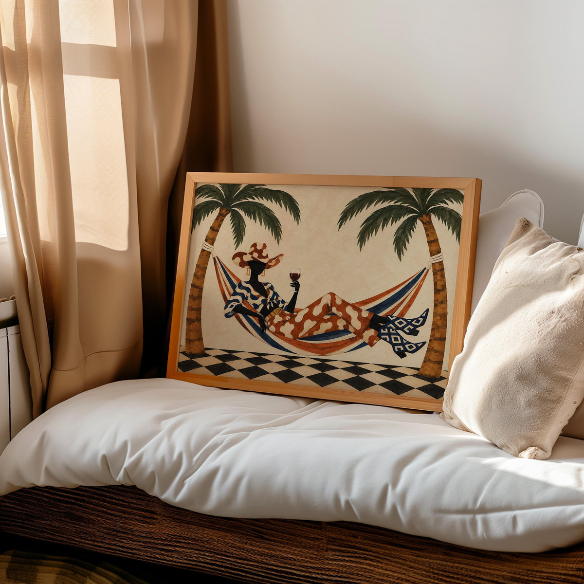 Tropical Cowgirl Poster, Woman in Hammock with Wine, Palm Tree Western Wall Art, Retro Summer Print, Eclectic Lounge Decor, Vacation Vibes