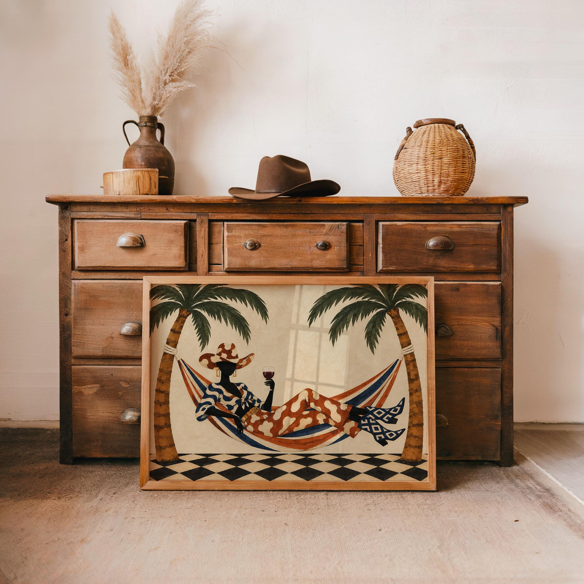 Tropical Cowgirl Poster, Woman in Hammock with Wine, Palm Tree Western Wall Art, Retro Summer Print, Eclectic Lounge Decor, Vacation Vibes