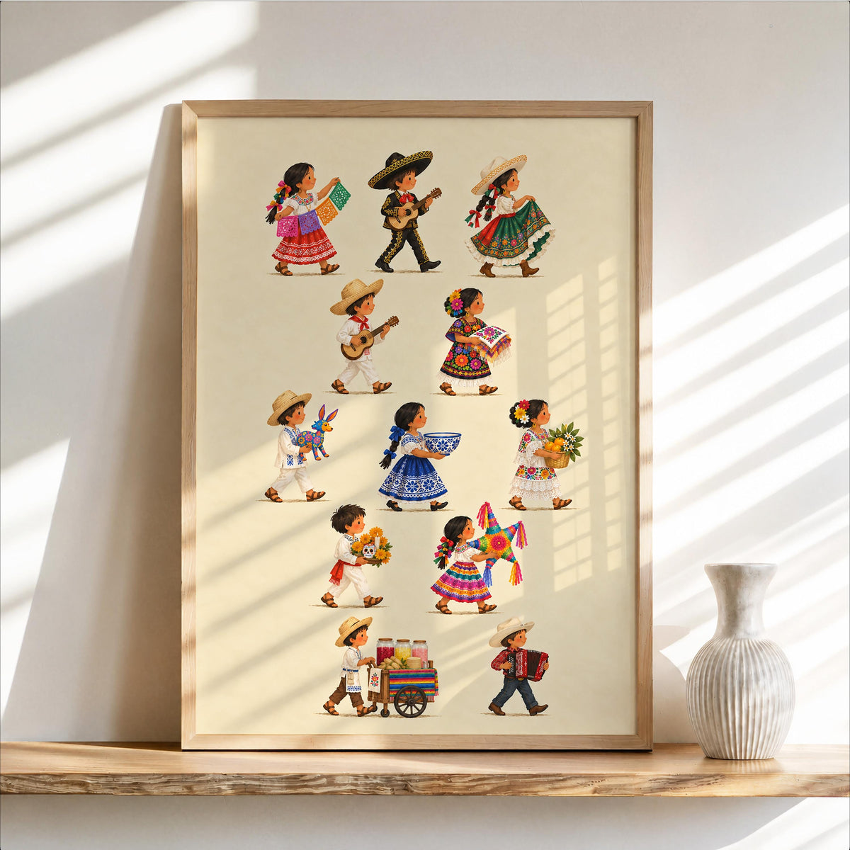Mexican Heritage Kids Parade Wall Art, Traditional Mexico Children Poster, Folk Culture Print, Colorful Fiesta Latino Decor