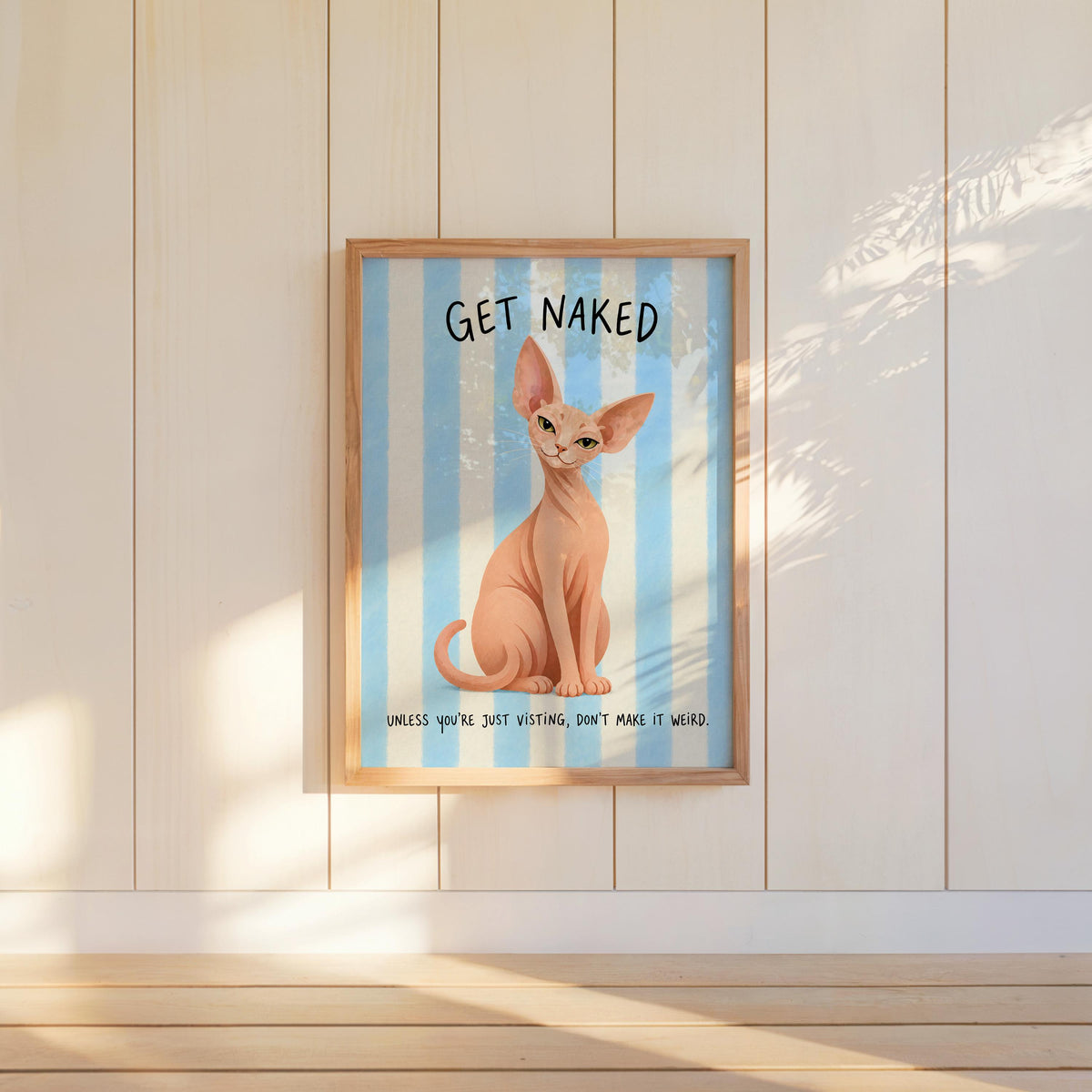 Get Naked Sphynx Cat Bathroom Wall Art, Funny Hairless Cats Poster, Guest Bathroom Quote Print, Blue Striped Powder Room Decor